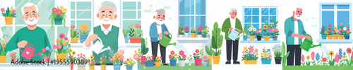 vector of grandpa taking care of flowers on window in spring