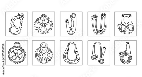Collection of bicycle chainring and derailleur hanger line art illustrations