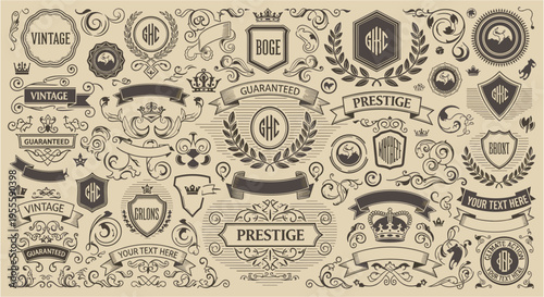 Vintage ornamental emblems and banners with crowns and laurel wreaths