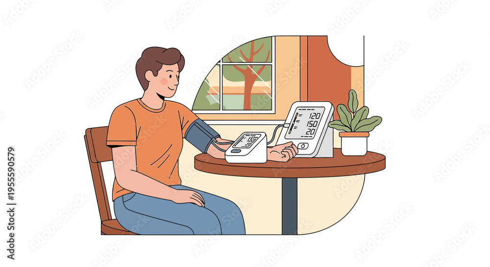 Obraz premium Man monitors blood pressure at home, healthy lifestyle, medical checkup