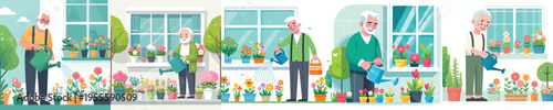 vector of grandpa taking care of flowers on window in spring