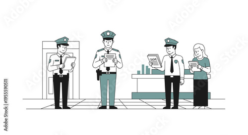 Security guards and a woman checking documents at a checkpoint or entrance