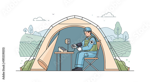 Medical Tent with Soldier Measuring Blood Pressure in Field Hospital