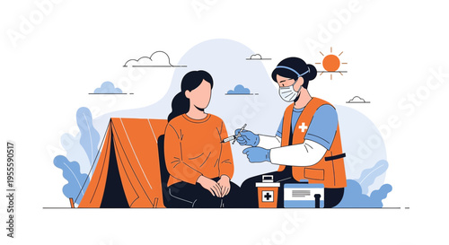 Medical worker gives vaccine injection to woman in outdoor clinic tent, healthcare concept