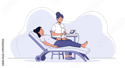 Medical Ultrasound Examination: Doctor performs diagnostic imaging on a female patient lying on a couch.