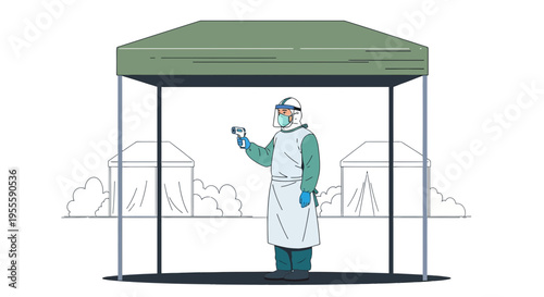 Medical worker in hazmat suit checks temperature under tent, COVID-19 screening