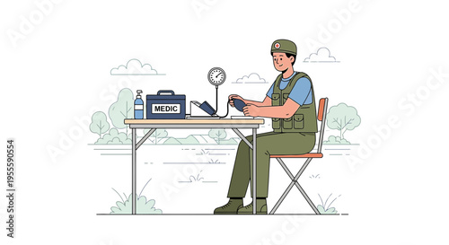 Military medic checks patient's blood pressure with sphygmomanometer in outdoor field setting