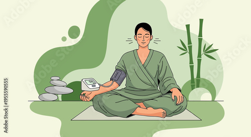 Man Meditating with Blood Pressure Monitor, Zen Lifestyle, Health and Wellness