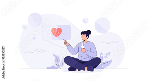 Man meditating with heart health icon and vital signs graph, digital health concept