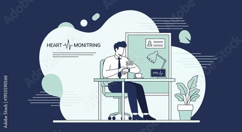 Man monitoring heart rate on smartwatch at desk, health technology concept