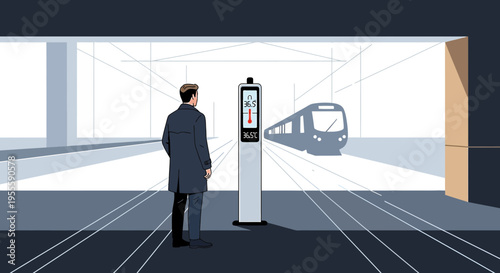 Man on subway platform waits for train near digital display, futuristic transport concept