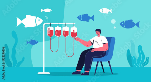 Man receiving blood transfusion, surrounded by fish and underwater plants, symbolizing life and health.