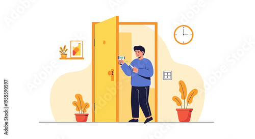 Man Opens Door with Key Card, Entering Home, Modern Security System, Welcome Home Concept