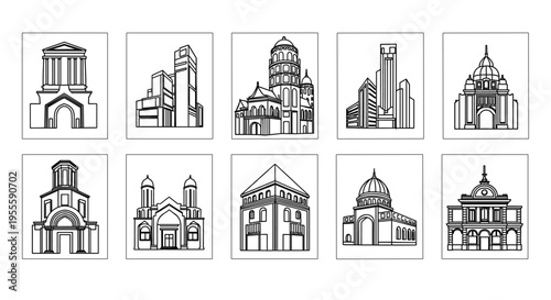 Set of church and religious building line icons including cathedral chapel temple and basilica. Vector outline icon collection isolated on white background. Religion architecture concept. Design for 