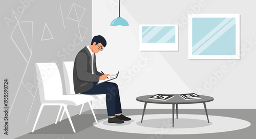 Man Sitting in Waiting Room, Writing on Clipboard, Modern Office Interior