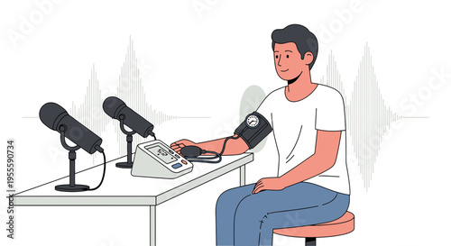 Man undergoing medical test with blood pressure monitor and microphones, sound waves background