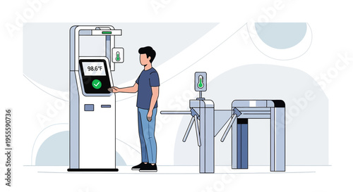 Man uses contactless temperature scanner and turnstile for access control