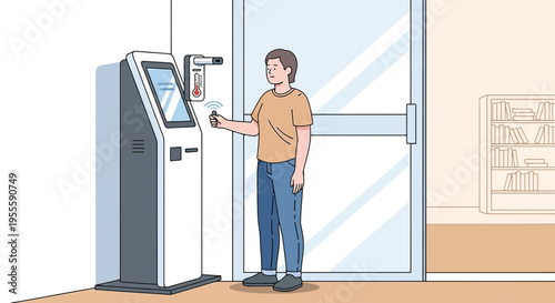 Man uses contactless thermometer and access control at building entrance