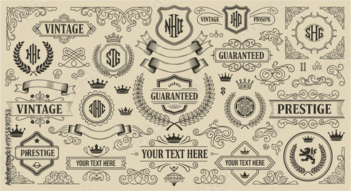 Vintage decorative elements set with badges frames ribbons crowns shields and labels with typography text and ornaments. Vector engraving style illustration isolated on beige background. Retro brandin