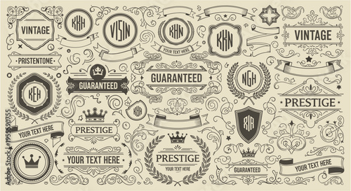 Collection of vintage ornamental badges, labels, and ribbons with decorative elements