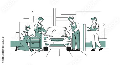 Car mechanics working together on a vehicle in a modern workshop with tools and equipment