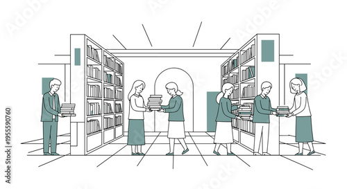 People interacting in a library, exchanging books between shelves and with each other