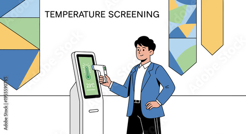 Man uses thermal scanner kiosk for temperature check, temperature screening concept