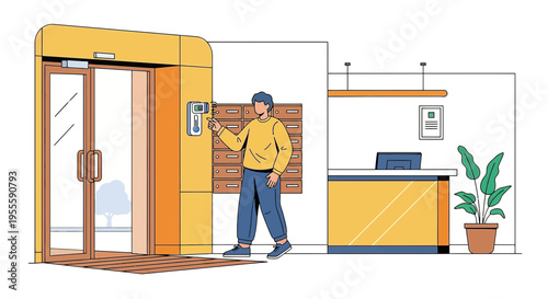 Man using access control system at building entrance, modern security and technology