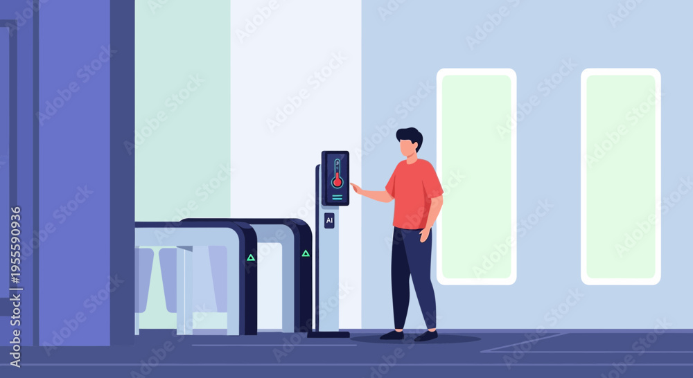 Fototapeta premium Man using facial recognition scanner at modern turnstile gate for access control
