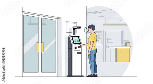 Man using facial recognition kiosk for entry, modern technology for access control