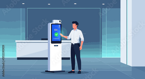 Man using facial recognition kiosk for access control in modern office lobby