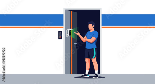 Man using facial recognition scanner at gym entrance for access control