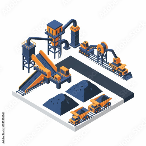Isometric mining and quarrying industry with heavy machinery and coal piles.
