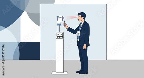 Man Using Facial Recognition Scanner for Temperature Check at Event Entrance