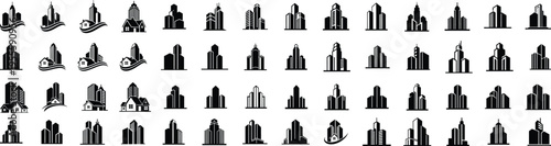 Real Estate Building Icon Set, City Skyline and Property Logo Collection, Modern Architecture Silhouette Vector Pack