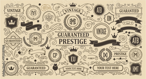 Vintage decorative elements set with badges frames ribbons crowns shields and labels with typography text and symbols. Vector engraving style illustration isolated on beige background. Retro branding 