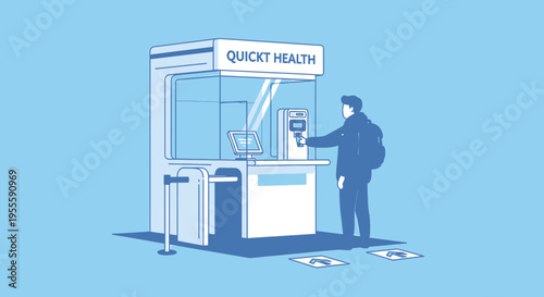 Man using futuristic health kiosk for quick medical checkup and diagnosis
