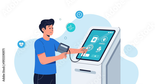 Man using health kiosk for blood pressure check, modern healthcare technology concept