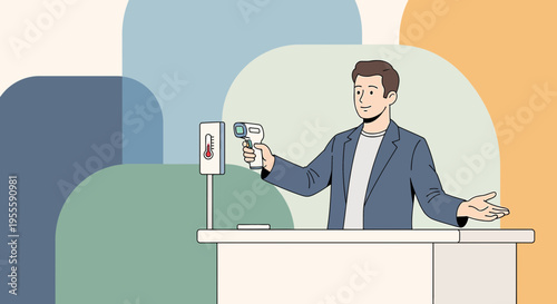 Man using infrared thermometer for temperature check at desk, health screening concept