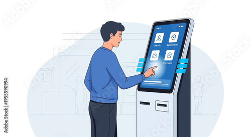 Man using interactive kiosk for self-service check-in or information.