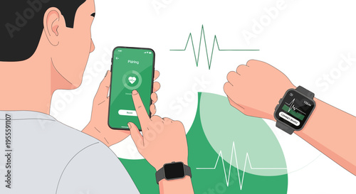 Man using smartphone and smartwatch for health monitoring, heart rate and ECG app interface