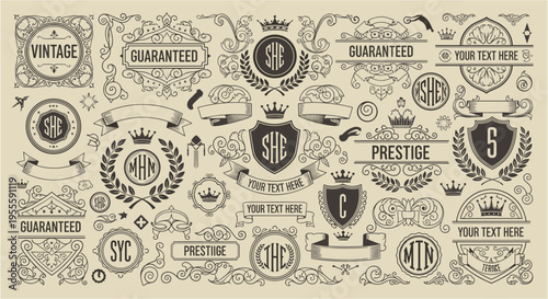 Vintage decorative elements set with badges frames ribbons crowns shields and labels with typography numbers and letters. Vector engraving style illustration isolated on beige background. Retro 