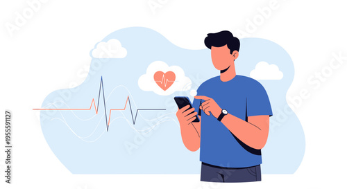 Man using smartphone for health monitoring, heart rate graph and icon on screen