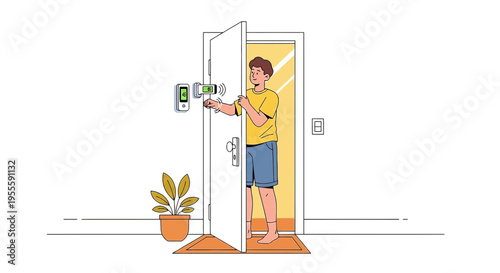 Man Using Smartphone for Smart Lock Access Control at Home Entrance