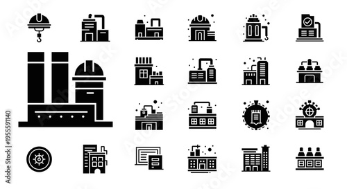 Collection of industrial and factory building icons with a clean, modern silhouette style