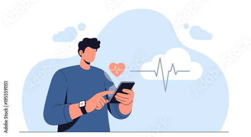 Man using smartphone with health app, heart rate monitor, smartwatch, cloud data
