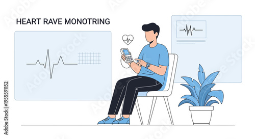 Man using smartphone with heart rate monitor app, cardiology concept
