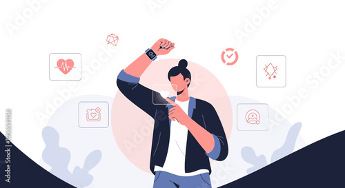Man using smartwatch for health tracking with futuristic interface and health icons