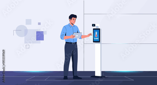 Man Using Tablet with Thermal Camera Scanner for Temperature Check