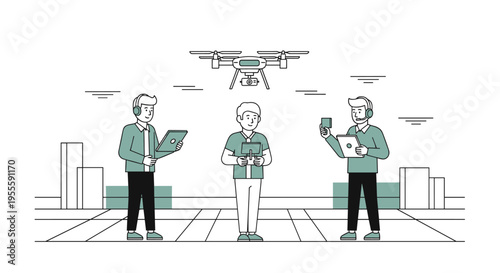 Three people operating a drone with remote controls and tablets in a city setting
